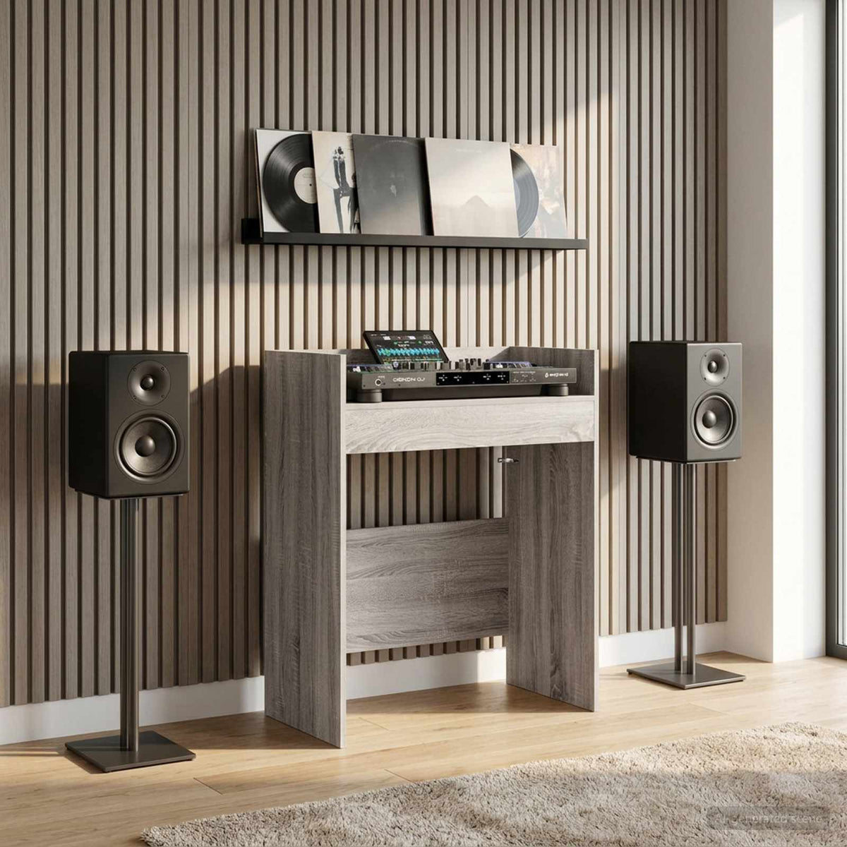 vidaXL DJ Table Grey Sonoma Engineered Wood set up in a modern living room with speakers and records