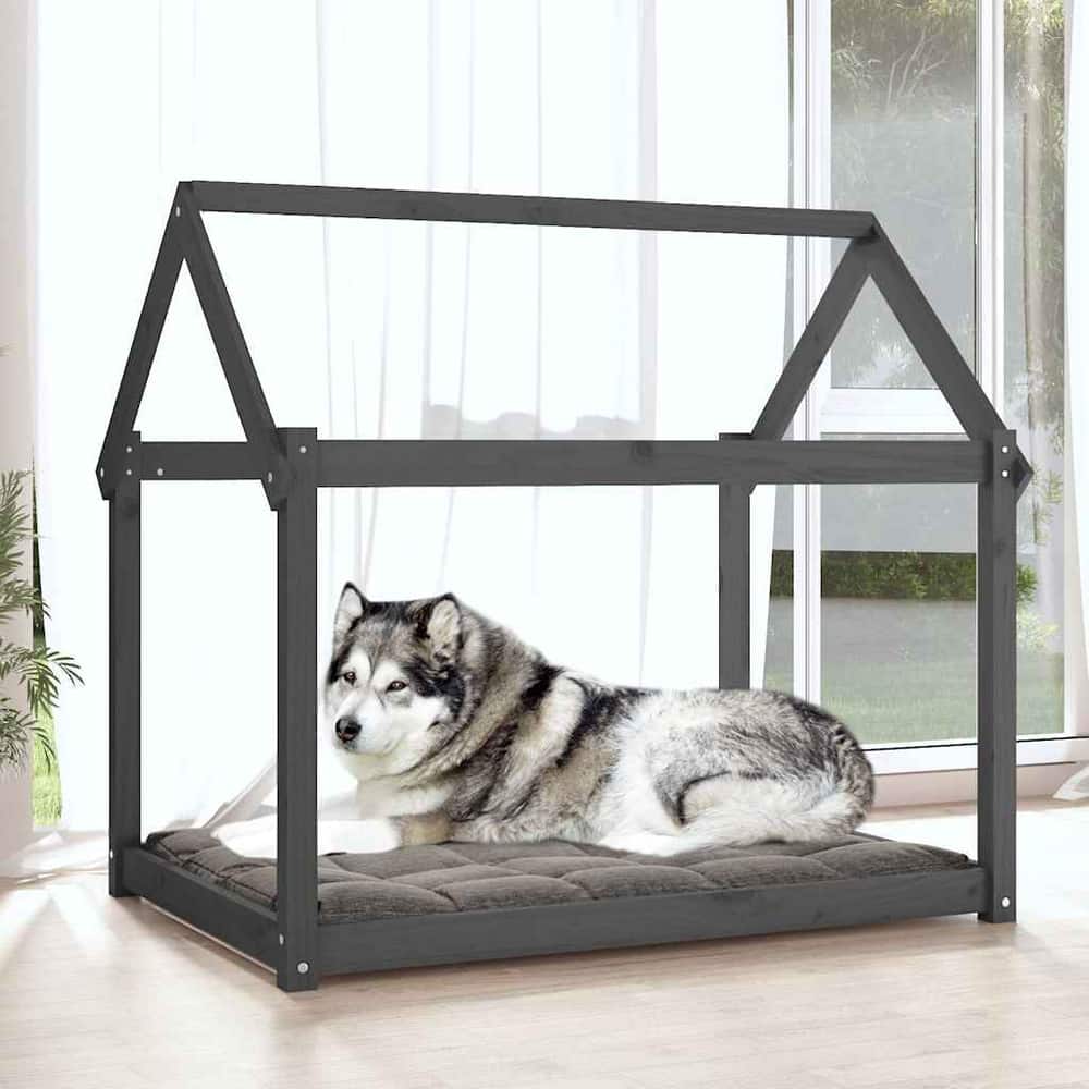 Dog bed in grey solid wood pine with a dog inside, in a room setting