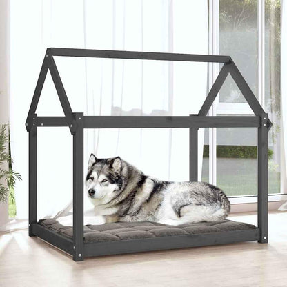 Dog bed in grey solid wood pine with a dog inside, in a room setting