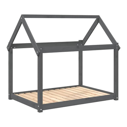 The dog bed frame is grey solid wood pine with a slatted base and a house-shaped top