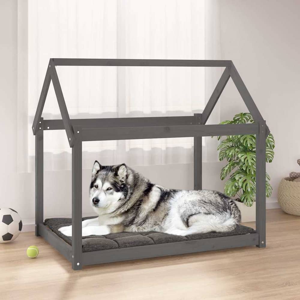 vidaXL Dog Bed Grey Solid Wood Pine with a dog resting inside