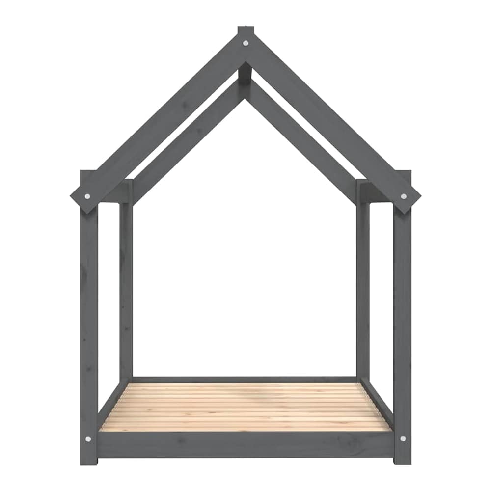 A grey solid wood pine dog bed frame with a pitched roof and slatted base