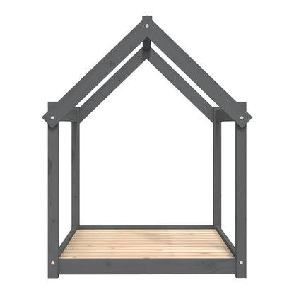 A grey solid wood pine dog bed frame with a pitched roof and slatted base