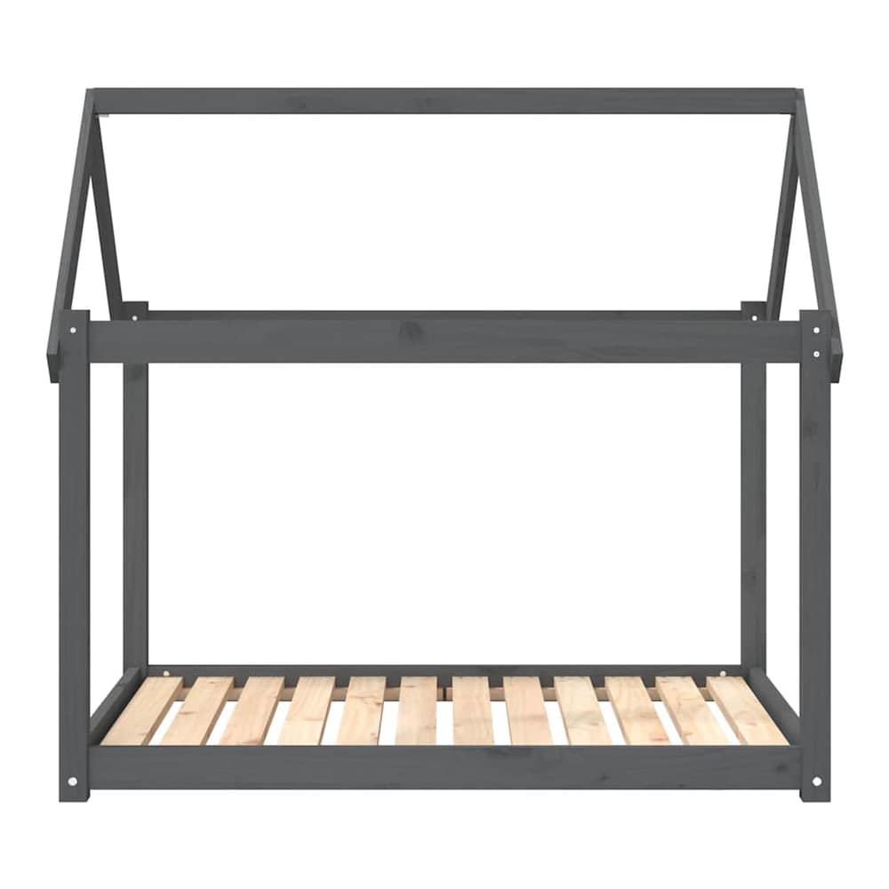 The grey solid wood pine dog bed frame shows its slatted base and open sides