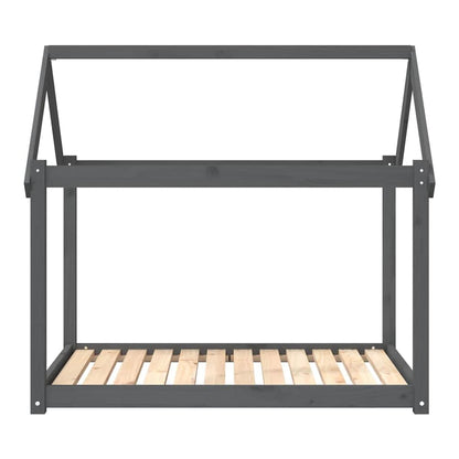 The grey solid wood pine dog bed frame shows its slatted base and open sides