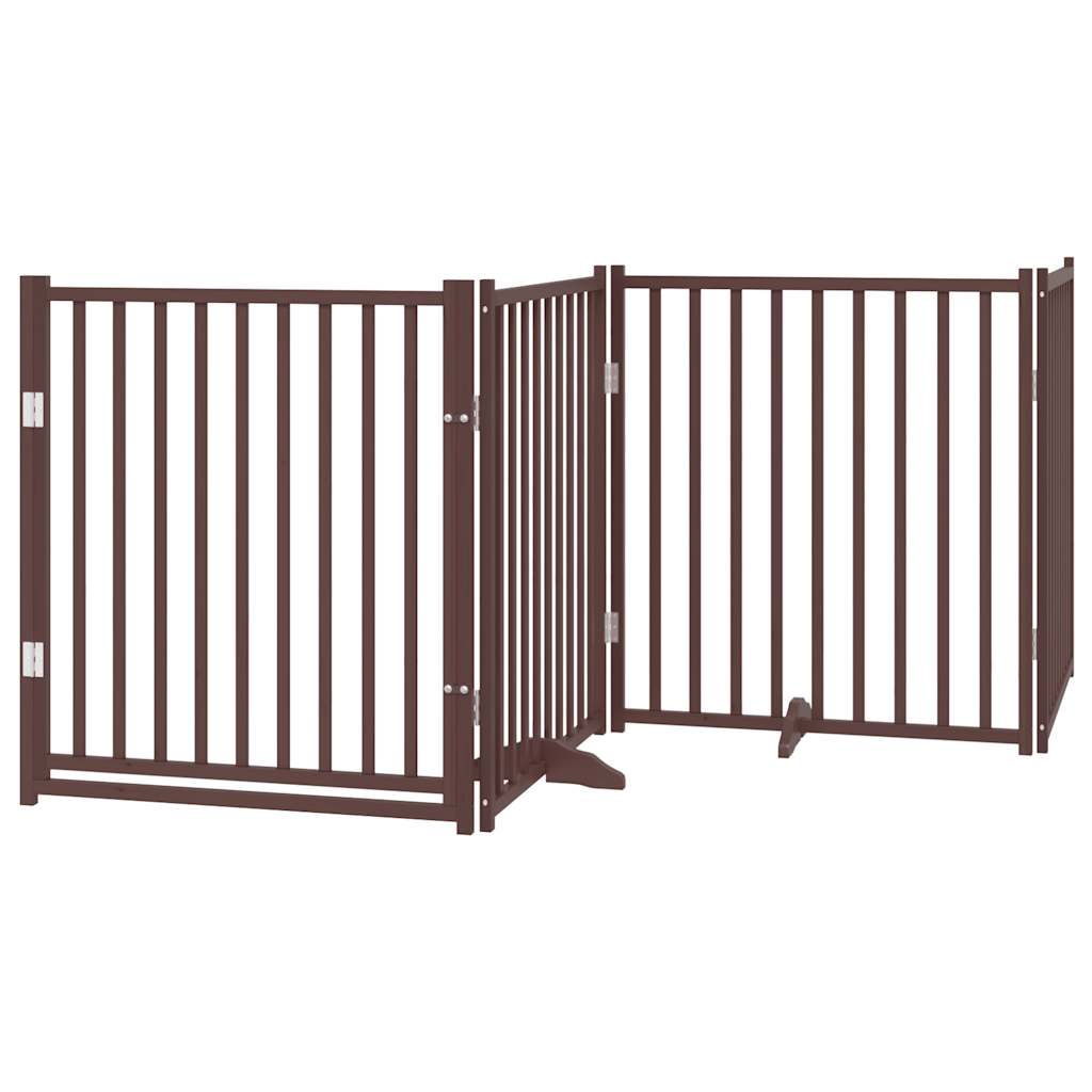 The dog gate with a door, shown in a brown oak colour with its panels open