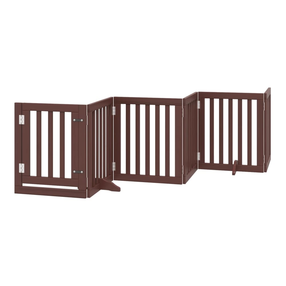 The brown wooden dog gate is shown in a zig-zag configuration with a door on the left panel