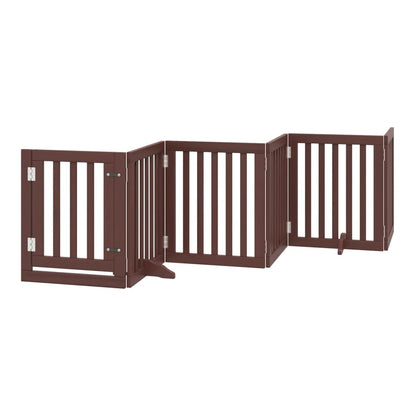 The brown wooden dog gate is shown in a zig-zag configuration with a door on the left panel