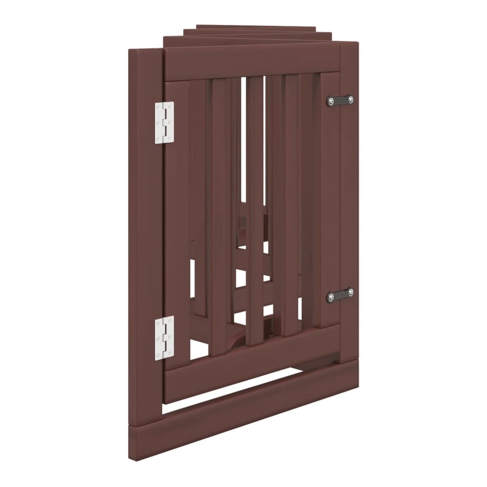 Close-up of the hinged door on the brown wooden dog gate, showing the metal hinges