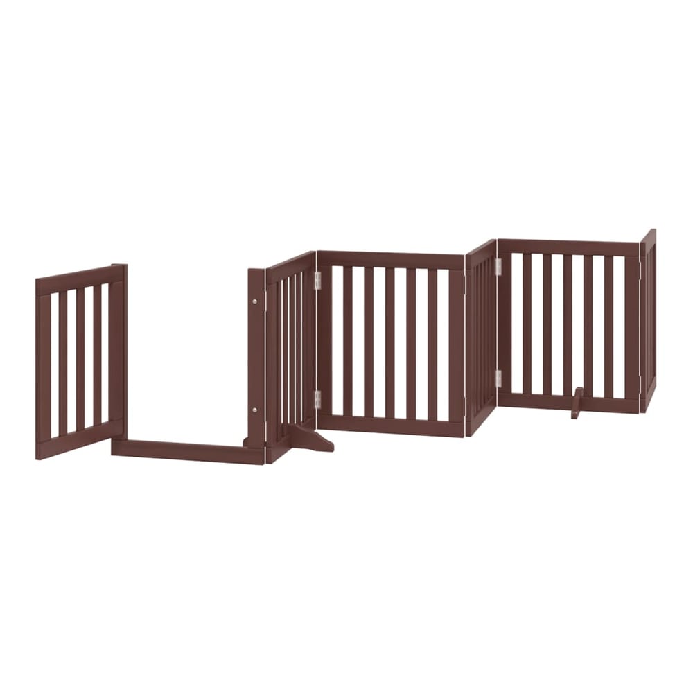 The brown wooden dog gate is shown in an L-shape configuration with the door on the left