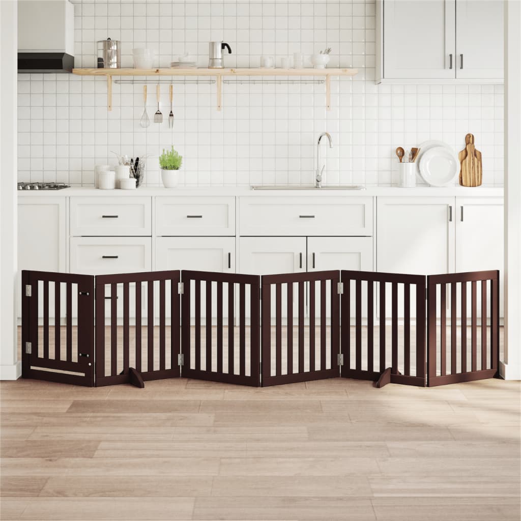 vidaXL Dog Gate with door, a 6 panel brown wooden pet barrier set up in a kitchen
