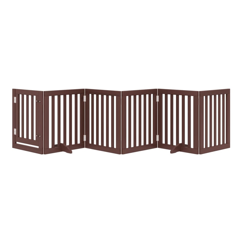 A six panel brown wooden dog gate is displayed in a straight line configuration