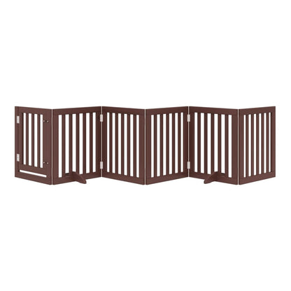 A six panel brown wooden dog gate is displayed in a straight line configuration