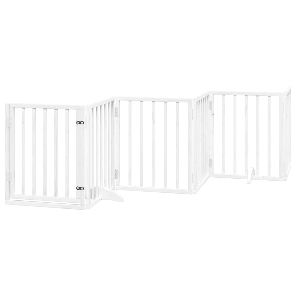 A white wooden dog gate with a door, shown in a zig-zag configuration