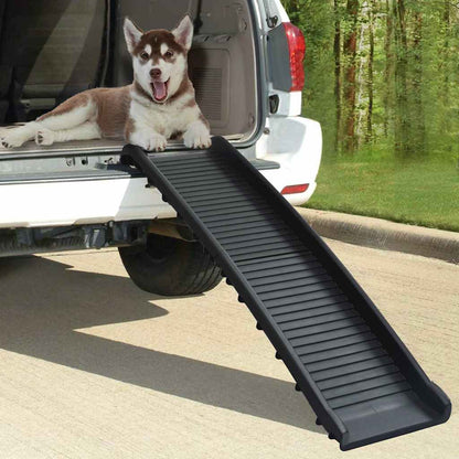 Folding Dog Ramp Black set up against the boot of a car with a dog resting at the top