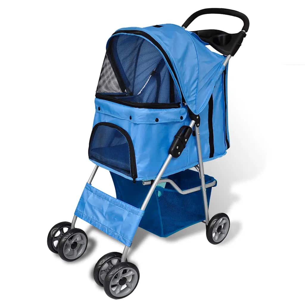 The blue dog stroller with the canopy open showing the interior space