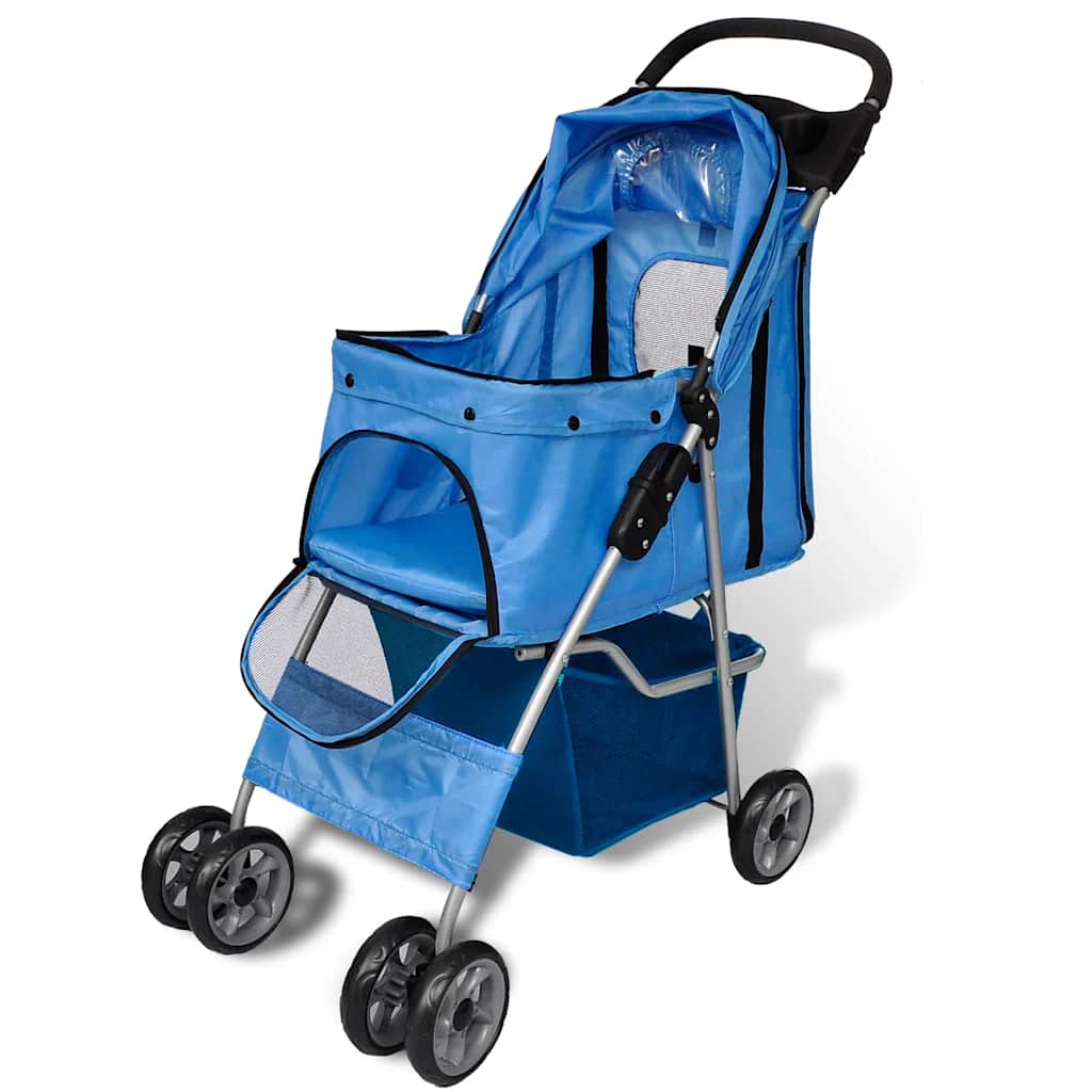 vidaXL Dog Stroller 15 kg Blue, a blue pet pushchair with a storage basket underneath
