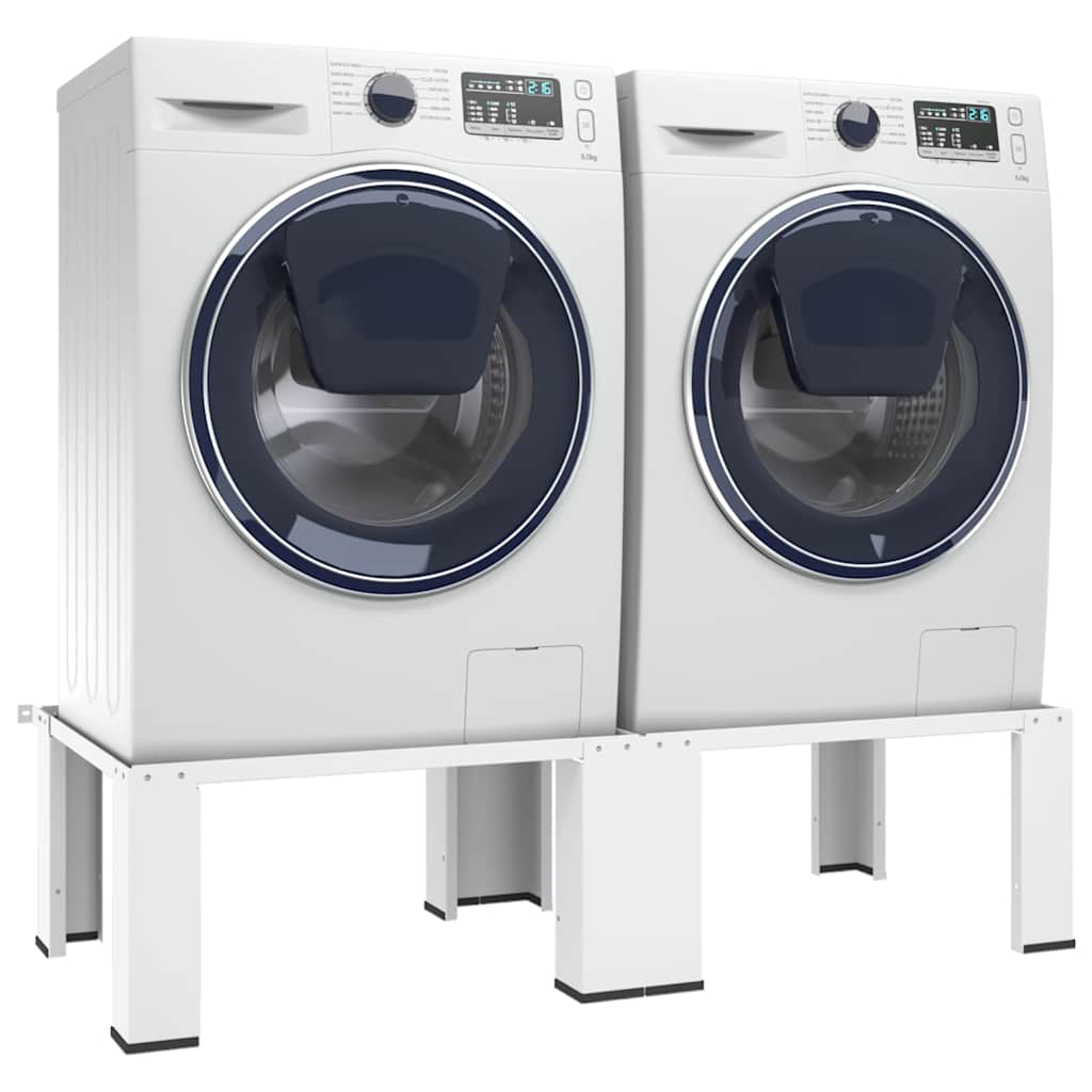 The washing machine stand supporting two white laundry appliances