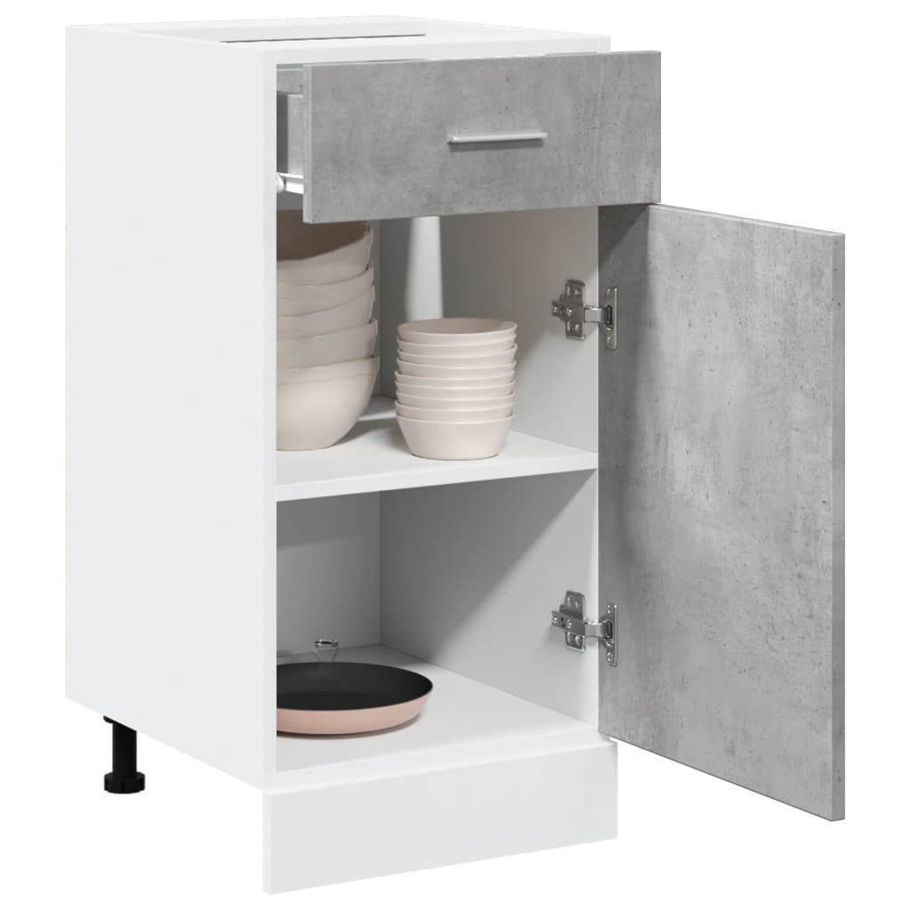 vidaXL Drawer Bottom Cabinet "Lyon" Concrete Grey showing one open door and a shelf with bowls and a pan