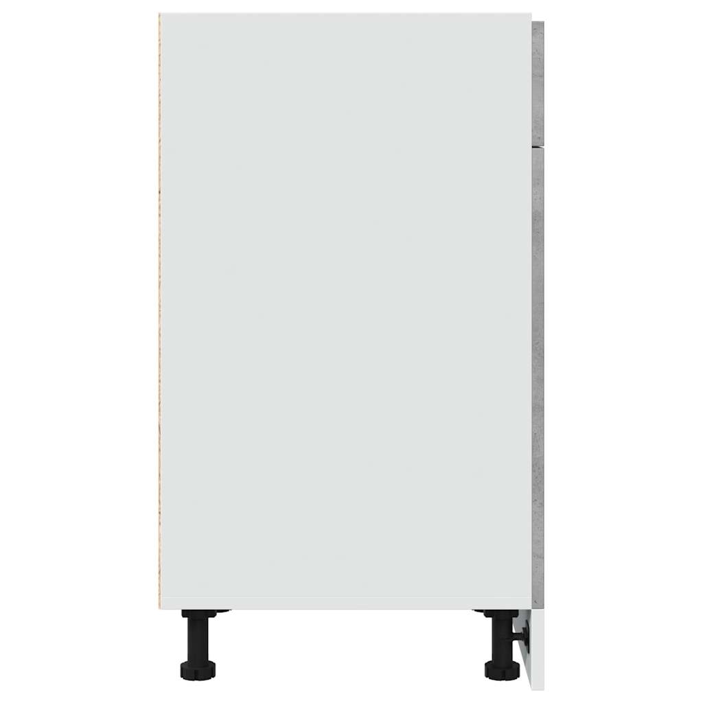 Side view of the white kitchen cabinet with concrete grey drawer fronts