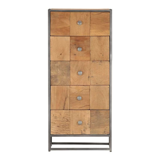 The chest of drawers viewed directly from the front showing five stacked wooden drawers