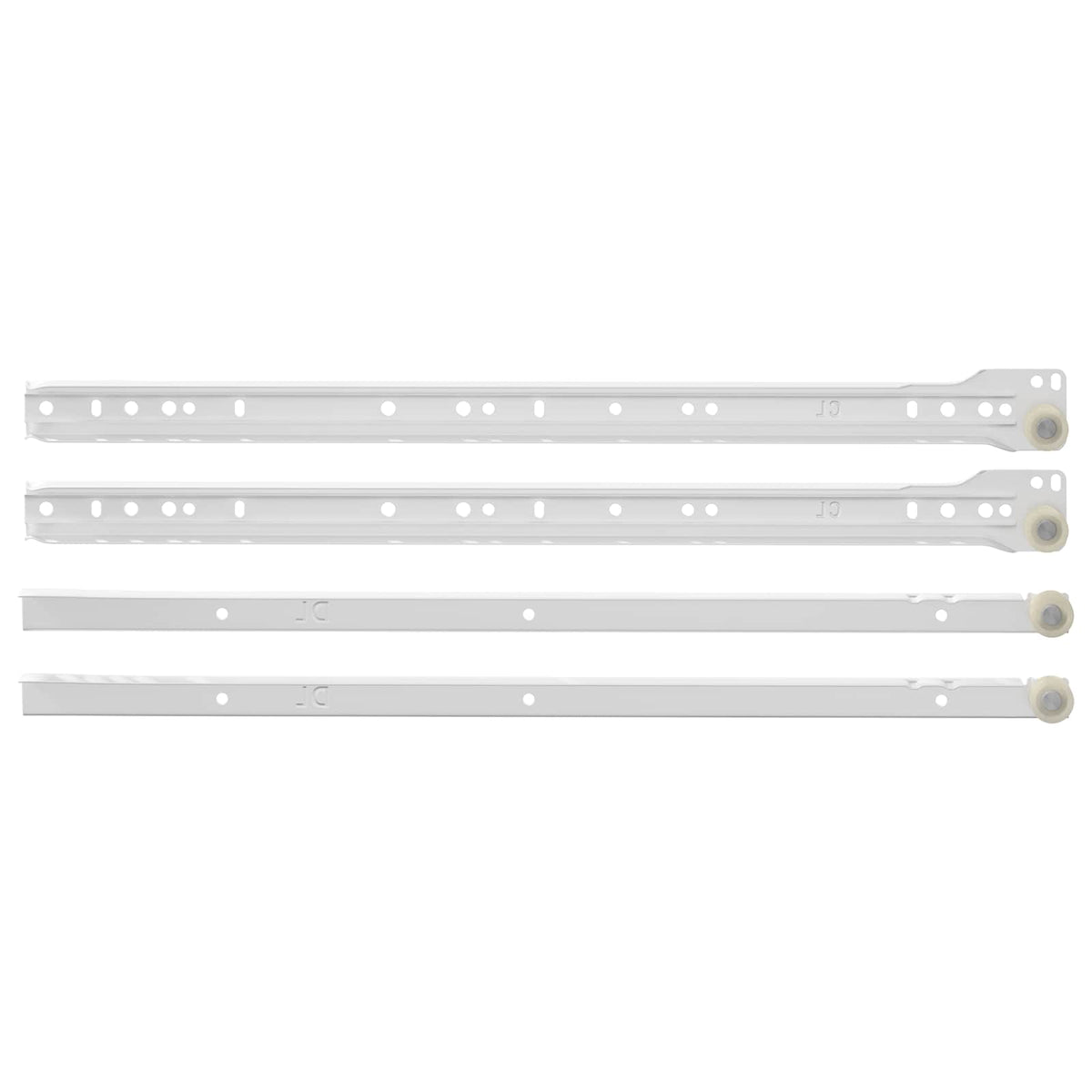 The drawer slide rails laid out flat in a horizontal row against a white background