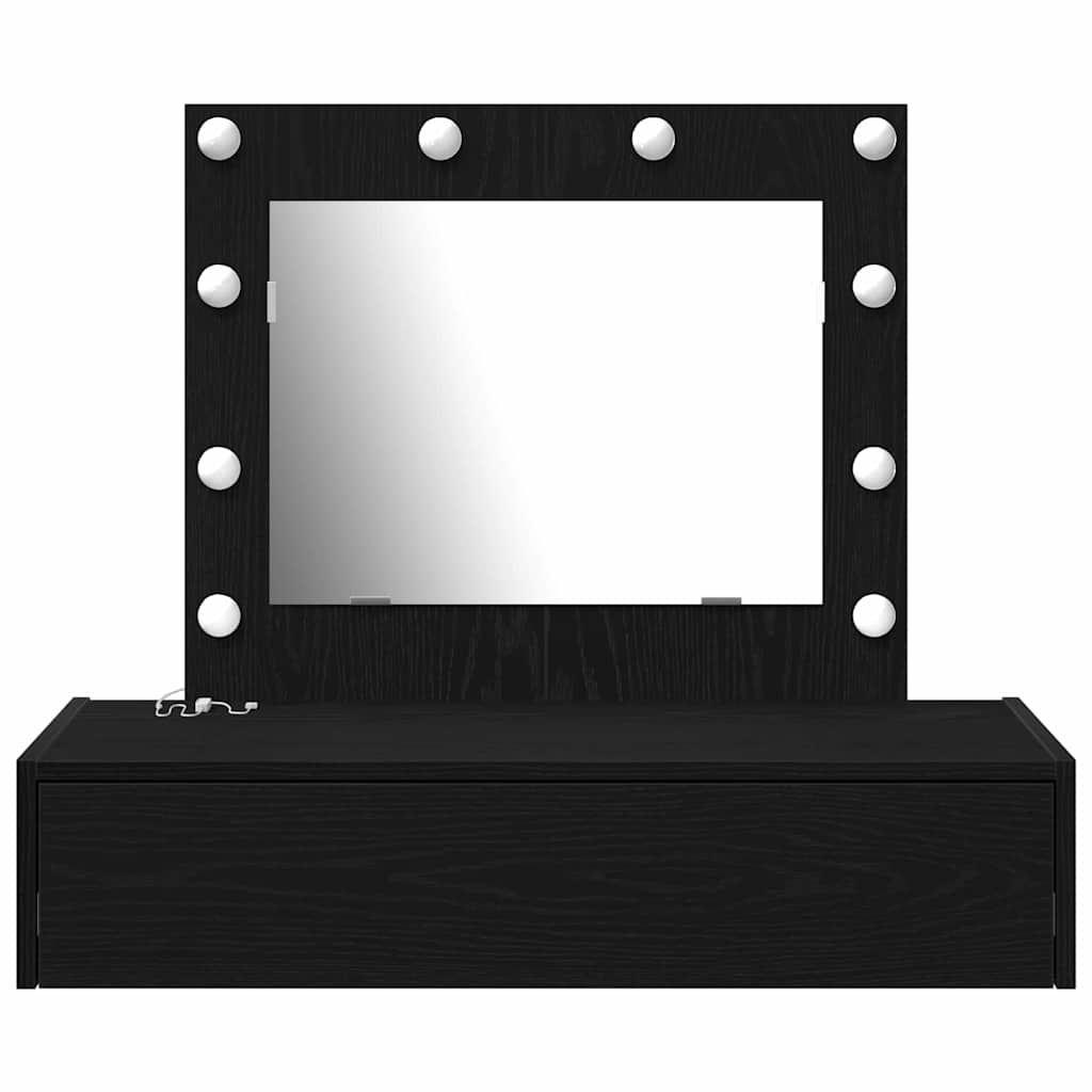 Black dressing table with a mirror and lights, front view