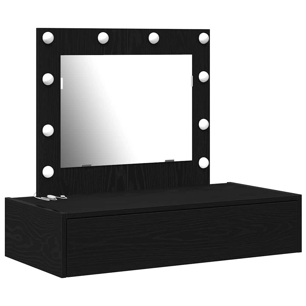 Black dressing table with a large drawer and a mirror with lights