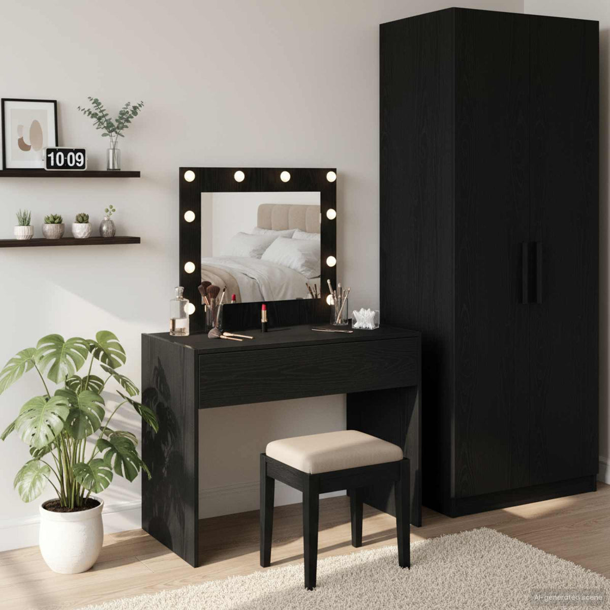 vidaXL Dressing Table Black Engineered Wood with a mirror and lights, and a stool