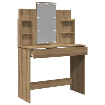 the dressing table with LED lights, showing one drawer pulled open to reveal storage space