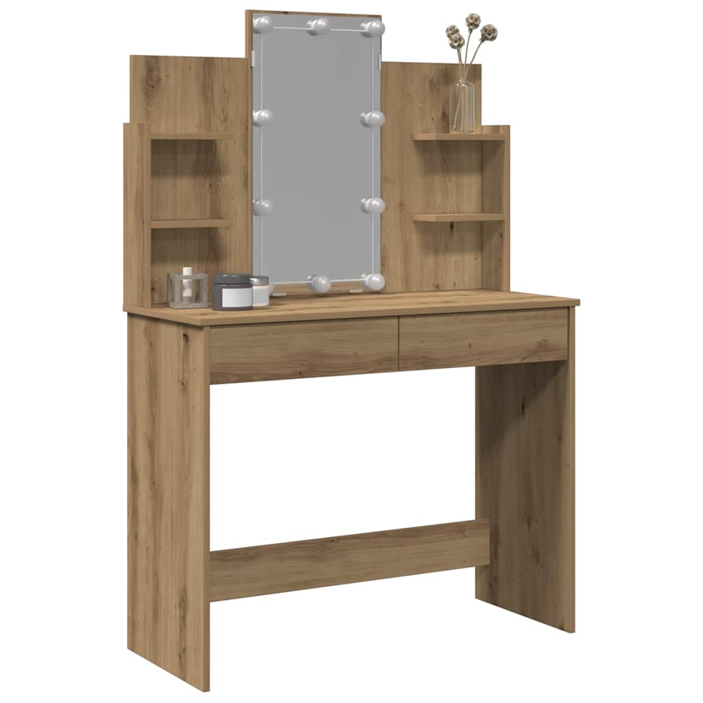 the artisan oak dressing table with LED lights, featuring two drawers and open shelving