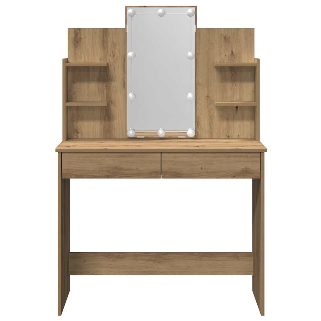 the dressing table with LED lights, a vanity with a mirror and shelves, shown from the front
