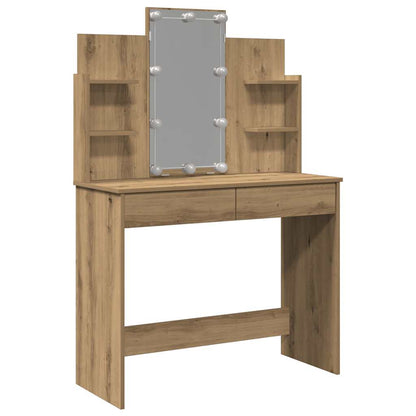 the dressing table with LED lights and artisan oak finish, showing its structure and shelves