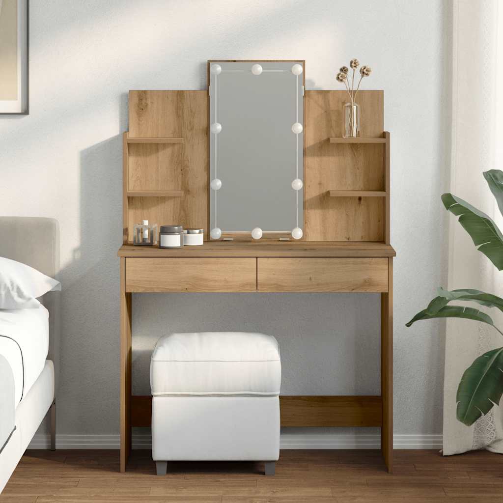 vidaXL Dressing Table with LED Lights Artisan Oak, a vanity table with a mirror and lights, two drawers and side shelves