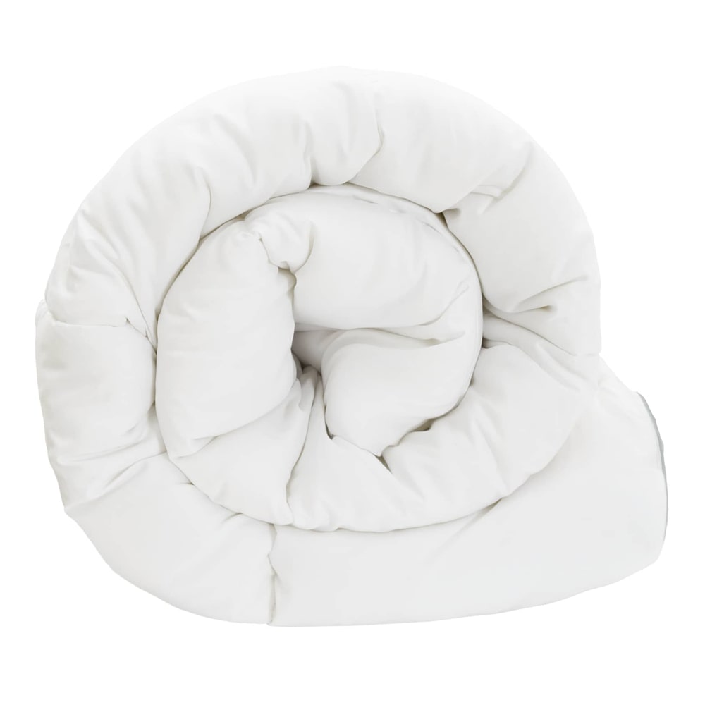 The white duvet coiled into a spiral shape on a plain background