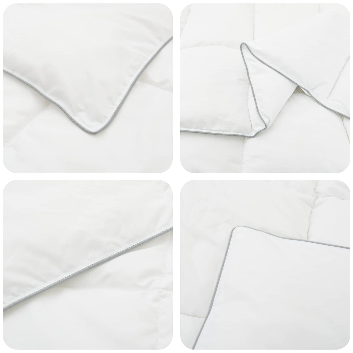 Close up views of the white duvet set showing stitching and piping
