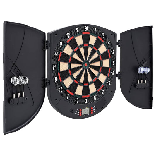 The electric dartboard is open showing the playing surface and dart holders