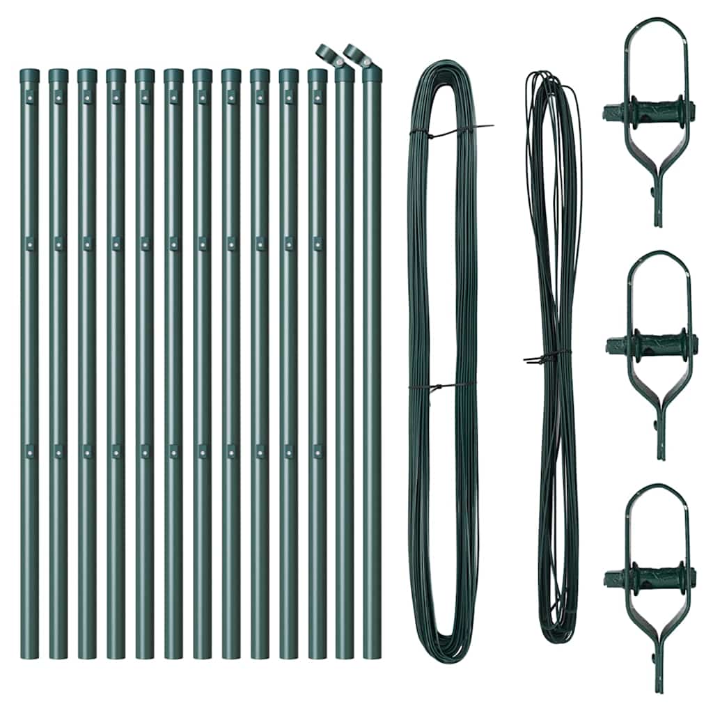 Green powder-coated steel fence posts and wire mesh laid out on a white background