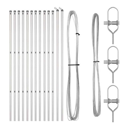 All the parts included in the fence post set, including posts, wire, and fixings