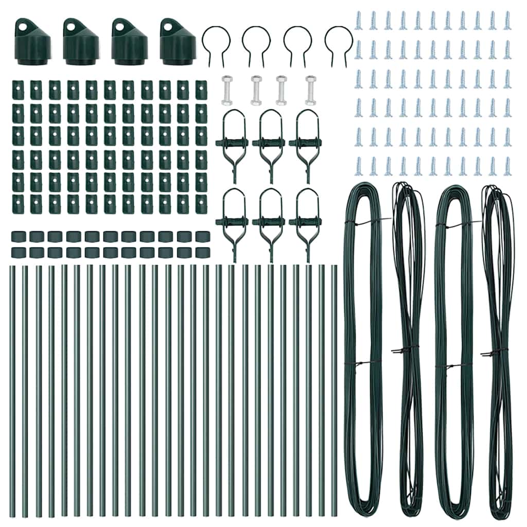 All the components for green embedded fence posts laid out neatly