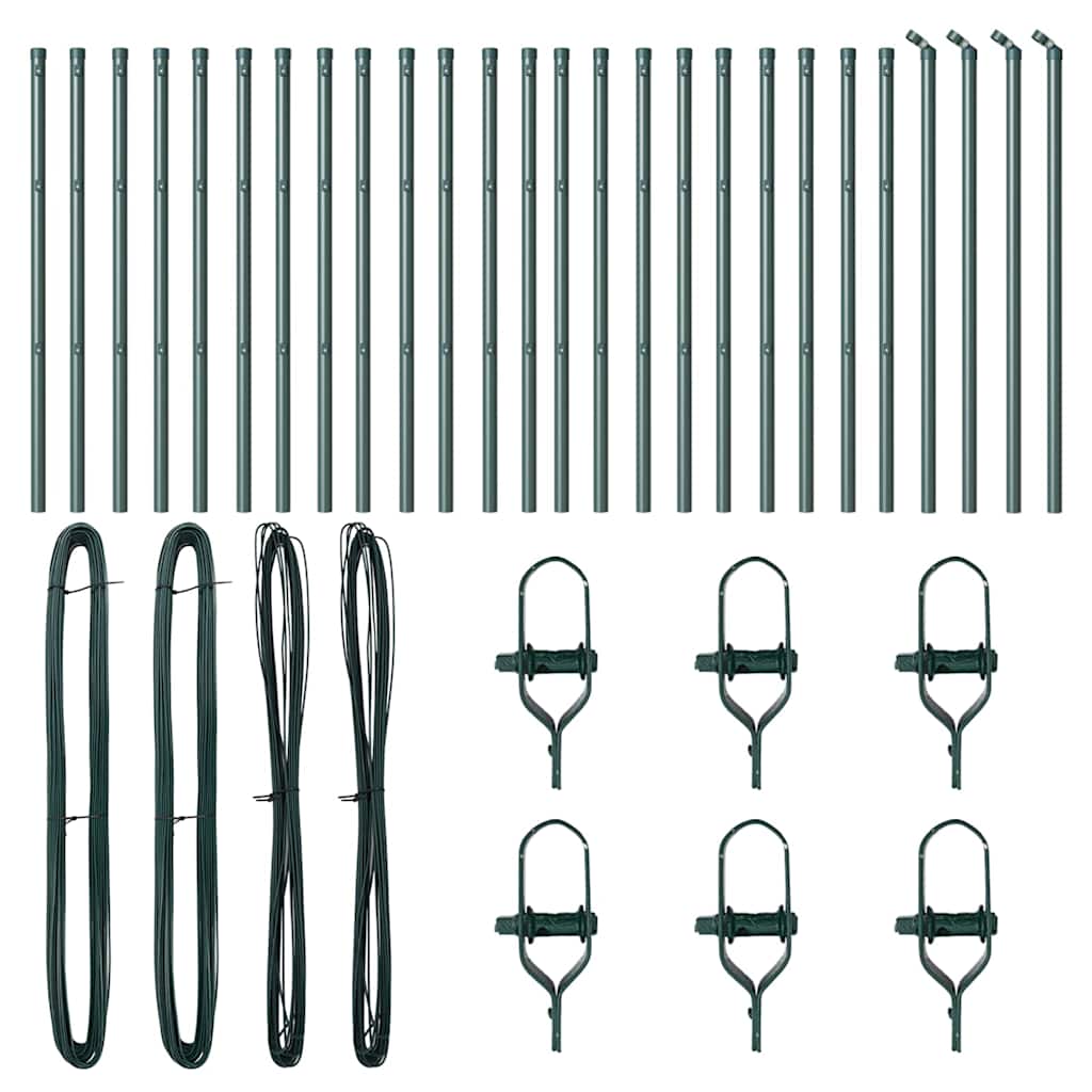 Green fence posts and wire rolls with fixing clips and screws