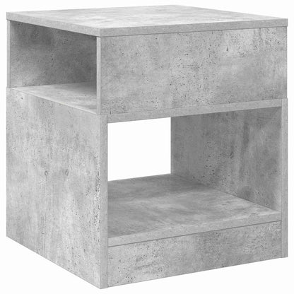 Close up of a concrete grey engineered wood end table