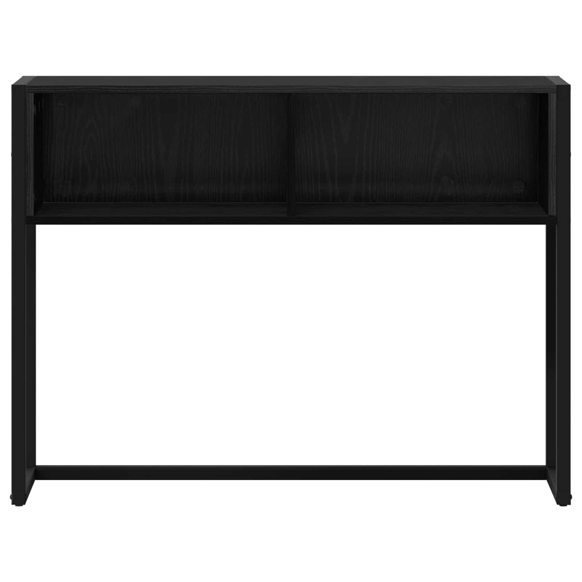 back view of the black oak engineered wood console table with metal frame
