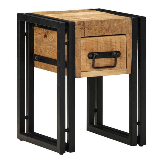 vidaXL End Table Brown and Black Solid Mango Wood with a drawer and black metal frame