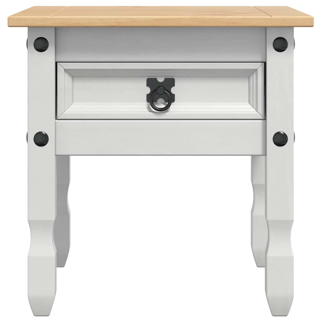 Close-up of the white end table showing the drawer handle