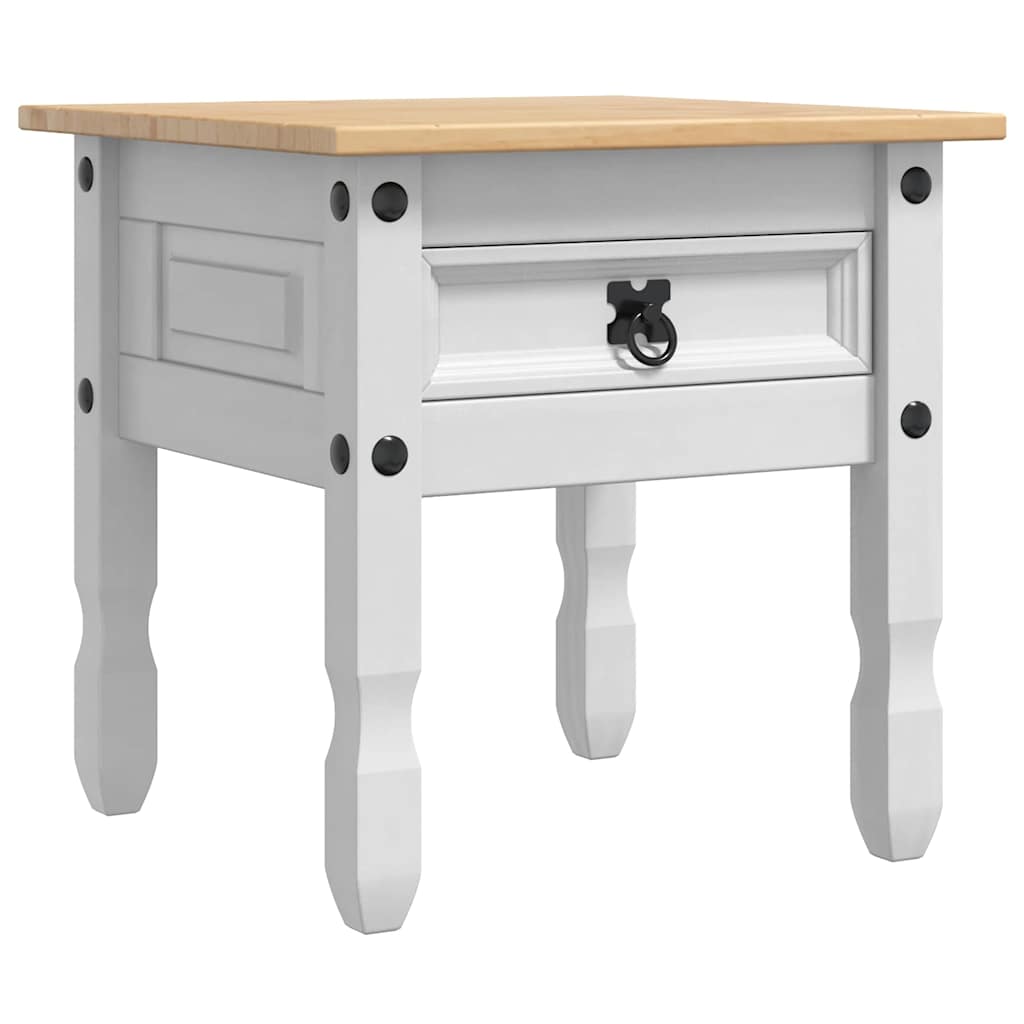 The white end table with a single drawer and a wooden top
