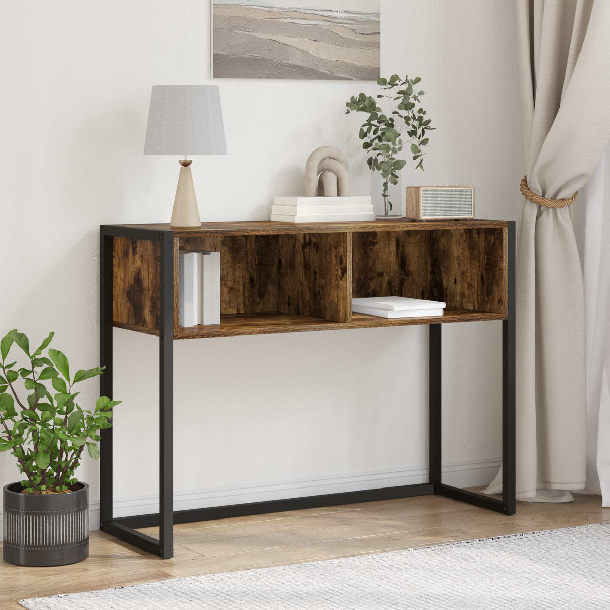 vidaXL End Table Smoked Oak Engineered Wood in a room setting with a lamp and plants