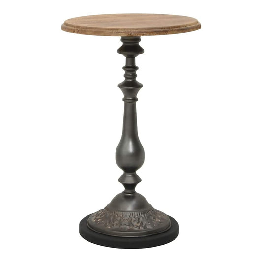 End Table Solid Fir Wood Brown with a round wooden top and a decorative metal base