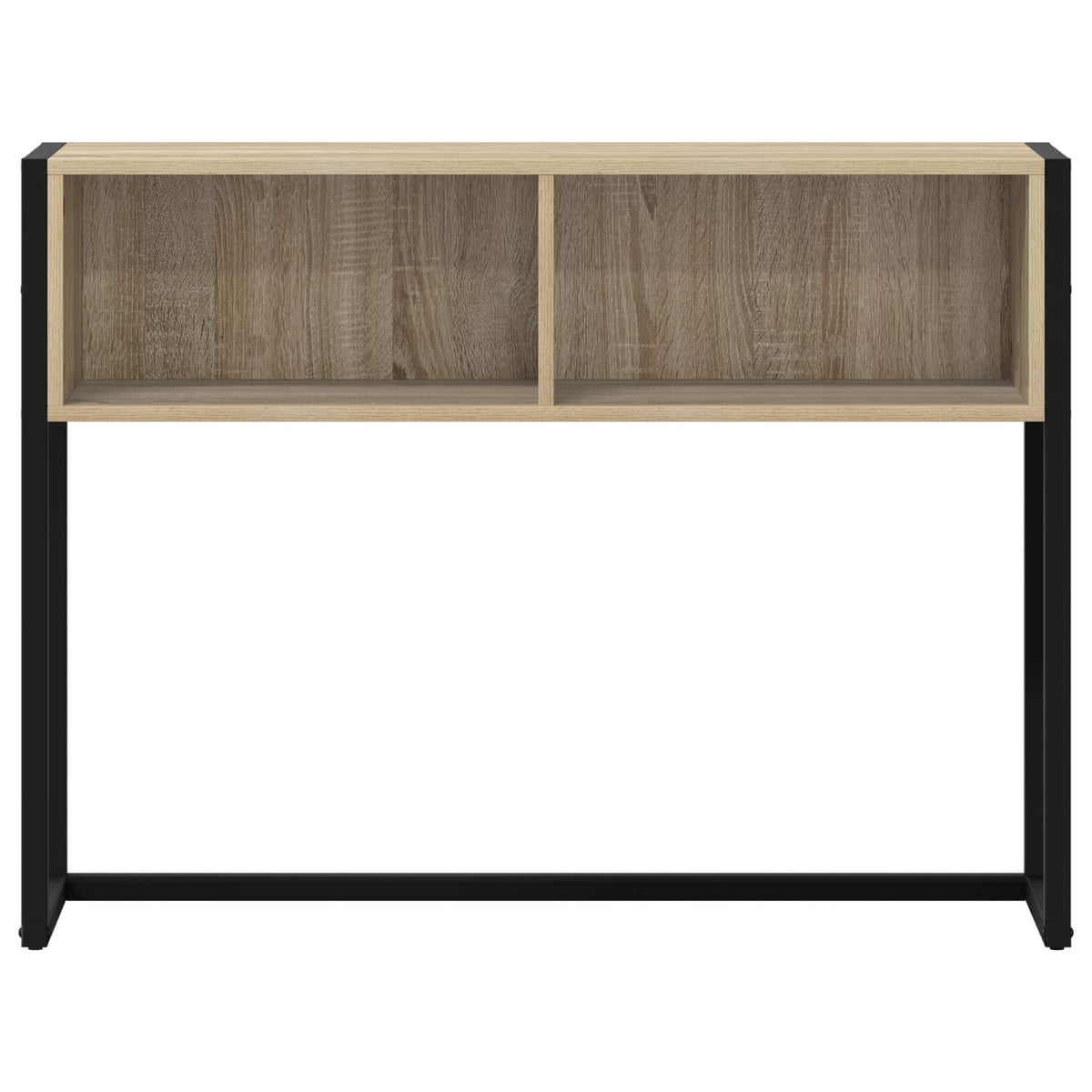 The back of the console table with two open storage compartments and black metal legs