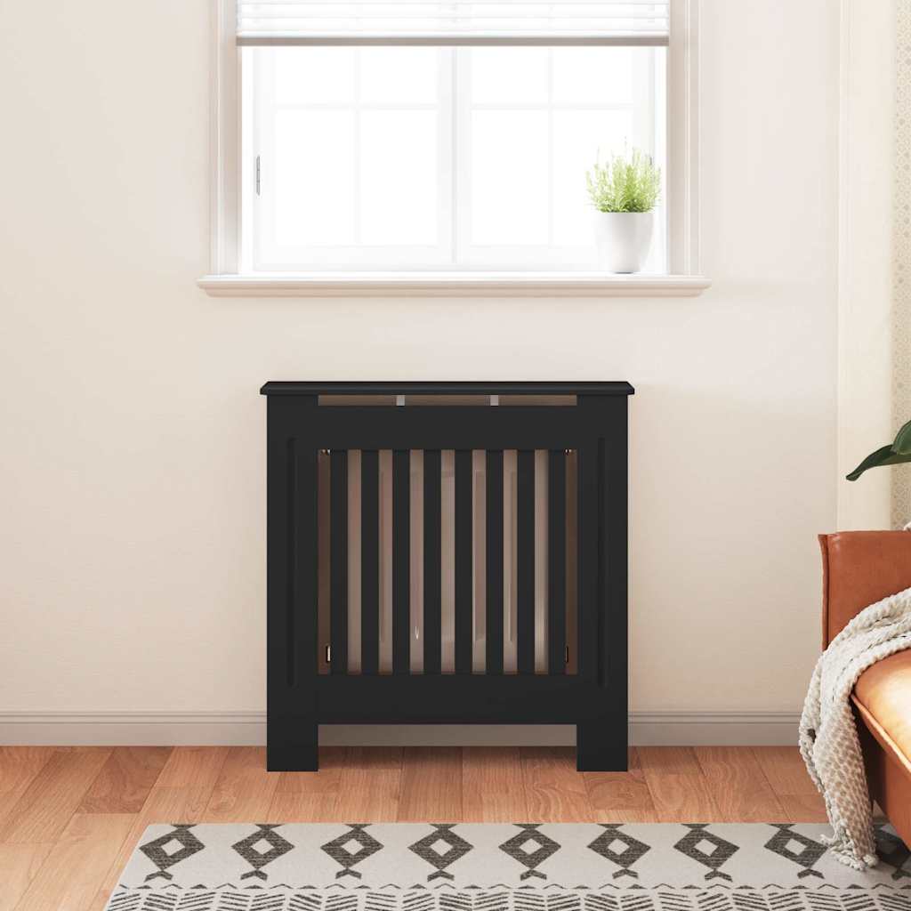 Radiator cover in black, placed in front of a window with blinds